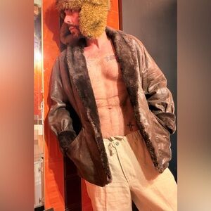 Vintage Marvin Richards Brown Fur Mouflon Shawlneck Leather Jacket Unisex Size L